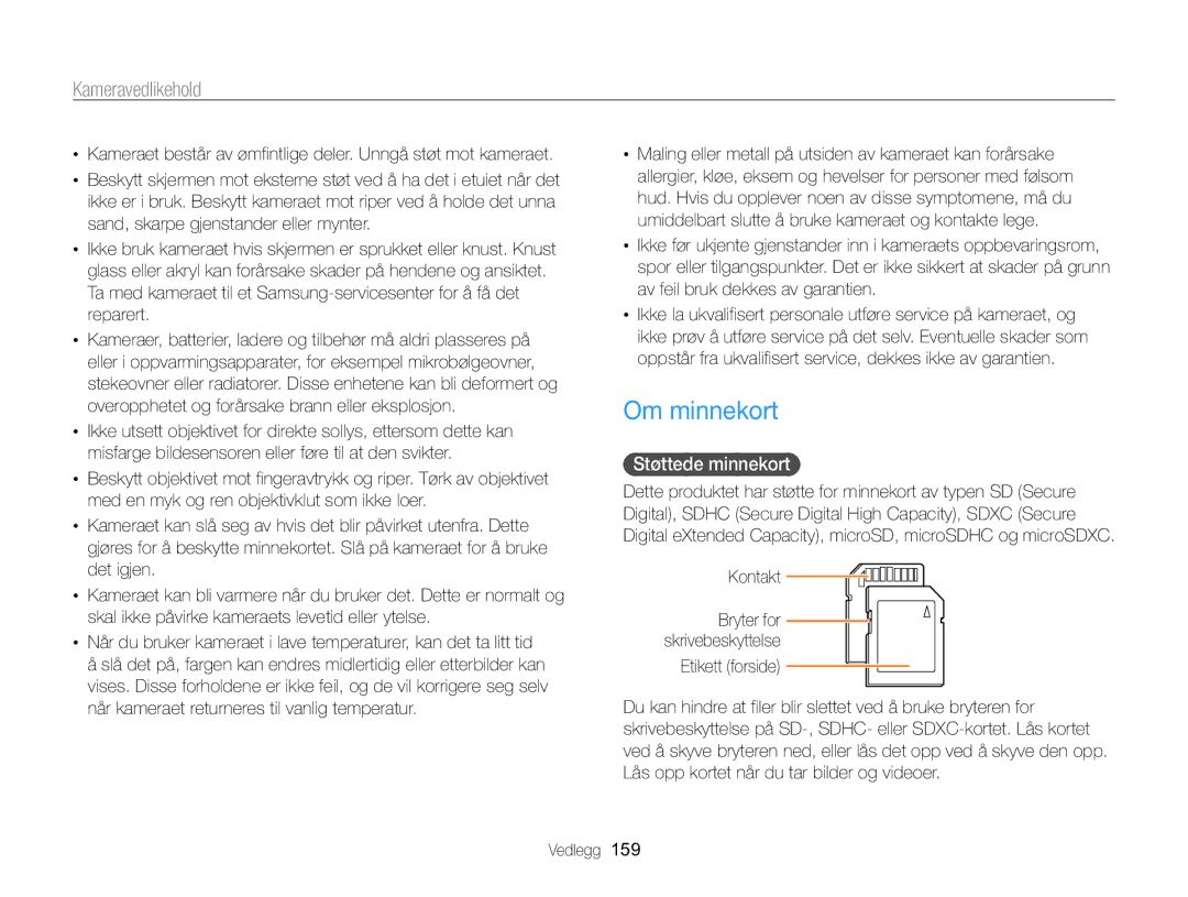 Samsung EC-WB850FBPBE2 manual Om minnekort, Støttede minnekort , Kontakt 